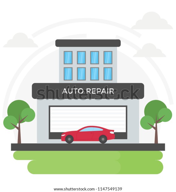 \
Car parked outside building facade with auto\
repair sign\
