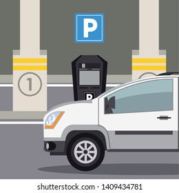 Car parked in lot with parking meter at city