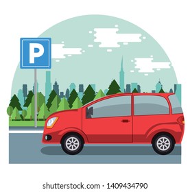 Car parked in lot with parking meter at city round icon