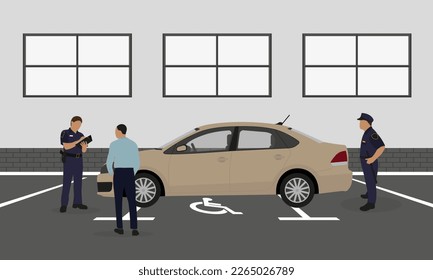 A car parked in a place for a disabled person and two policemen stand and issue a fine the driver