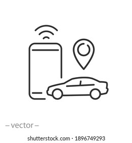 car parking app icon, smart gps car application, map park location in phone, thin line symbol on white background - editable stroke vector illustration eps10