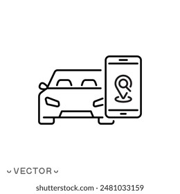 Parkplatz-App-Symbol, Smart GPS-Auto-Anwendung, Kartenparkplatz-Lage im Handy, Dünnzeilensymbol isoliert auf weißem Hintergrund, bearbeitbarer Strich EPS 10 Vektorillustration