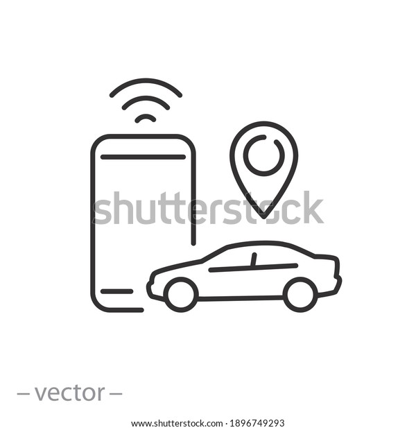 car parking app icon, smart gps\
car application, map park location in phone, thin line symbol on\
white background - editable stroke vector illustration\
eps10