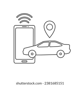 Icono de línea de la aplicación de estacionamiento de automóviles, aplicación de coche de gps inteligentes, ubicación del aparcamiento en el teléfono, ilustración del vector de trazo editable