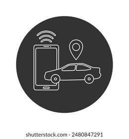 Icono de la línea del App de aparcamiento, aplicación inteligente del coche del gps, ubicación del aparcamiento del mapa en el teléfono, Ilustración vectorial editable del trazo