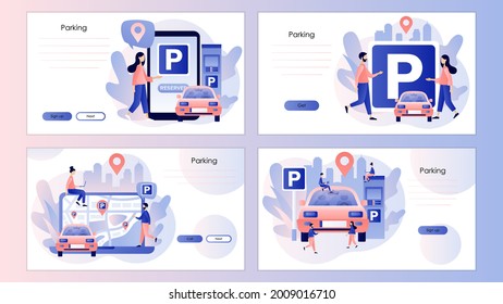 Car in Parking area. Public car-park. Urban transport. Road sign. Tiny people looking for parking space. Screen template for landing page, template, ui, web, mobile app, poster, banner, flyer. Vector 