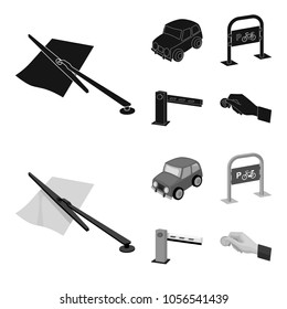 Car, parking barrier, bicycle parking place, coin in hand for payment. Parking zone set collection icons in black,monochrom style vector symbol stock illustration web.