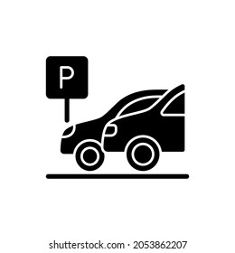 Car parking black glyph icon. Place where hotel guests can leave vehicles for night. Auto safe area with security guards. Silhouette symbol on white space. Vector isolated illustration