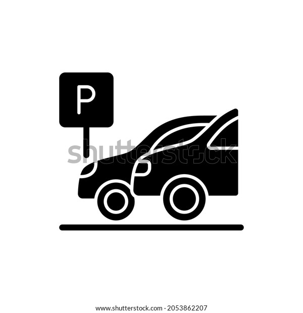 Car\
parking black glyph icon. Place where hotel guests can leave\
vehicles for night. Auto safe area with security guards. Silhouette\
symbol on white space. Vector isolated\
illustration
