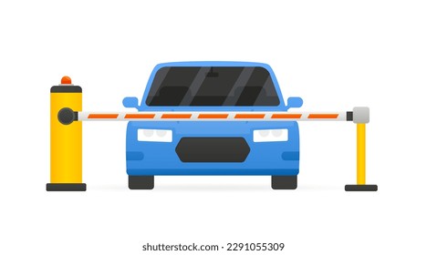 Car parking concept. Car front view. Parking entrance with barrier. The car passes through a restrictive barrier into paid parking lot. Car the parking. Flat style. Vector illustration