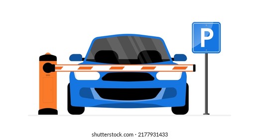 Car parking concept. Parking zone with payment system. Car front view. Parking entrance with barrier. The car passes through a restrictive barrier into paid parking lot
