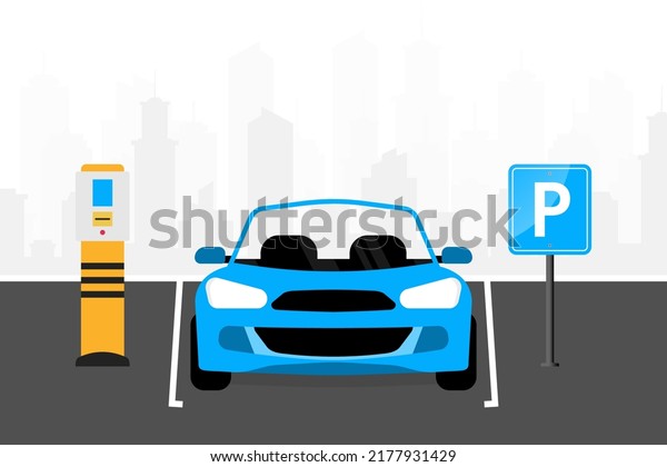 Car parking concept.\
Parking zone with payment system. Car front view. Parking entrance\
with barrier. The car passes through a restrictive barrier into\
paid parking lot