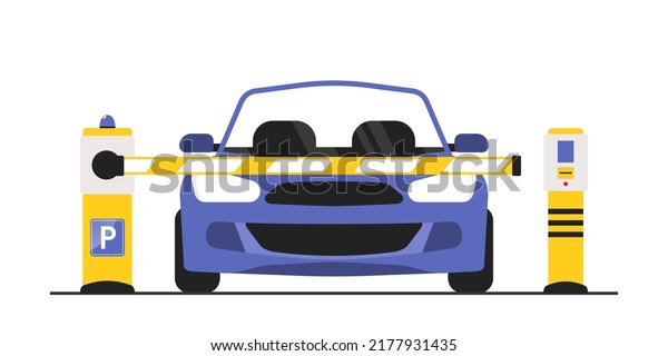 Car parking concept.\
Parking zone with payment system. Car front view. Parking entrance\
with barrier. The car passes through a restrictive barrier into\
paid parking lot