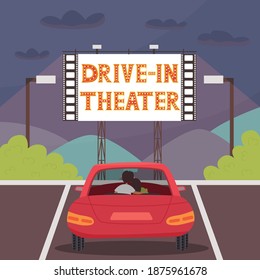 Car in the parking lot of drive-in theater. Outdoor movie viewing. A cinema in nature for lovers and a large group of friends. Useful pastime with loved ones. Modern vector flat illustration