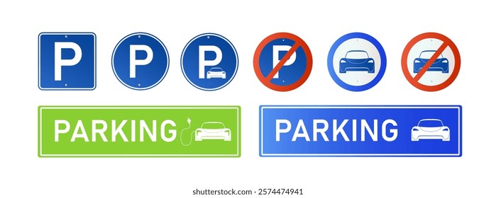 Car parking eco electric icon set. Parking and traffic signs isolated on white background. Map parking pointer. Vector