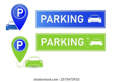 Car parking eco electric icon set. Parking and traffic signs isolated on white background. Map parking pointer. Vector