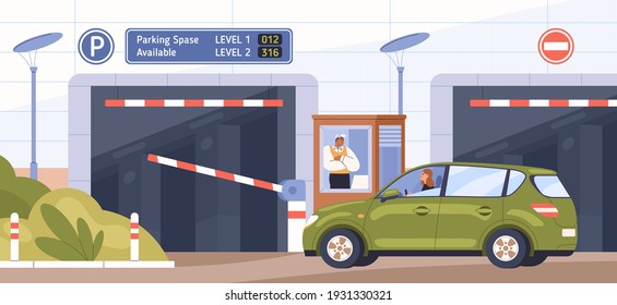 Car at parking entrance with barrier. Scene with guard in booth opening gate and letting driver to drive into paid parking lot. Colored flat cartoon vector illustration of underground garage entry