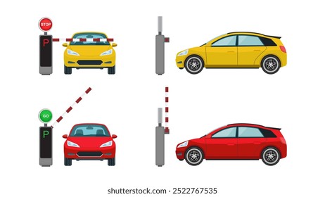 Car at Parking Entrance. Boom Barrier and Stop and Go Sign at Entry and Exit. Vector.