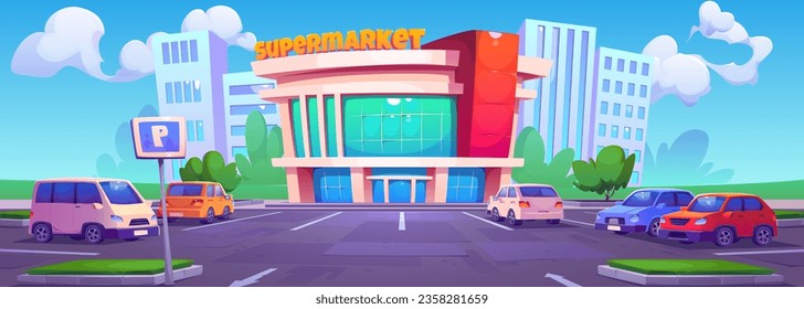 Car parking exterior near supermarket building vector. Front shop facade with vehicle lot system and sign on pylon concept. Outdoor sunny day illustration with modern city shopping mall place