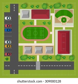 Car parking football stadium top view with cars and trees.