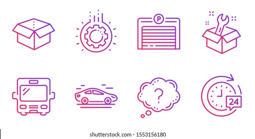 Car, Parking garage and Open box line icons set. Bus, Gear and Question mark signs. Spanner, 24h delivery symbols. Transport, Automatic door. Technology set. Gradient car icon. Vector