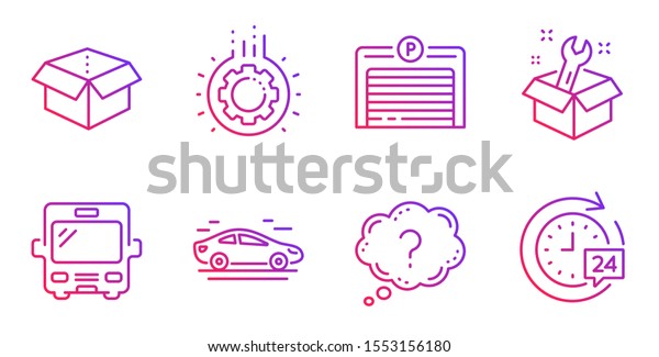 Car,\
Parking garage and Open box line icons set. Bus, Gear and Question\
mark signs. Spanner, 24h delivery symbols. Transport, Automatic\
door. Technology set. Gradient car icon.\
Vector