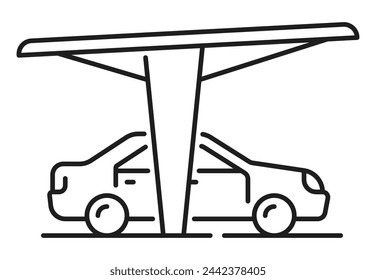 Aparcamiento, garaje delgado icono de línea o signo. Área de estacionamiento público para automóviles o señal de contorno de ubicación, servicio de garaje para automóviles línea delgada icono vectorial o pictograma con vehículo bajo techo