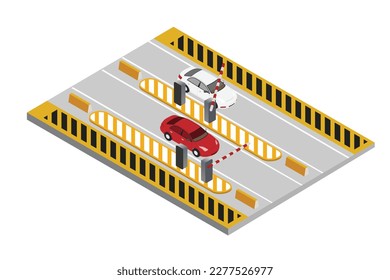 Puerta de aparcamiento para coches, Un coche llega a la entrada y a la terminal de salida. Soluciones de sistemas de estacionamiento inteligentes. Muestra de las condiciones de apertura y cierre de la barrera del boom. Vector.