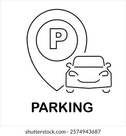 Car parking icon featuring a map parking pointer, representing parking locations and spaces. 