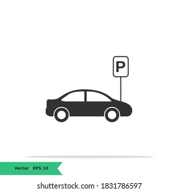 Car With Parking Icon Illustration Logo Template. Transportation Parking Lot Sign Symbol. Vector Flat Icon EPS 10
