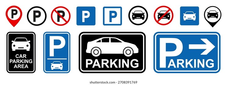 Conjunto de ícone de estacionamento de carro, área de estacionamento de carro, sem sinais de estacionamento