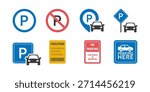 Car Parking Icon Set featuring public, reserved parking, parking violation, no parking, and location symbols
