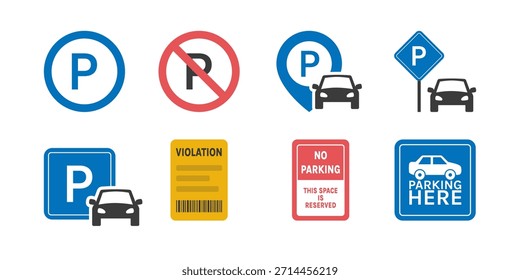 Car Parking Icon Set featuring public, reserved parking, parking violation, no parking, and location symbols