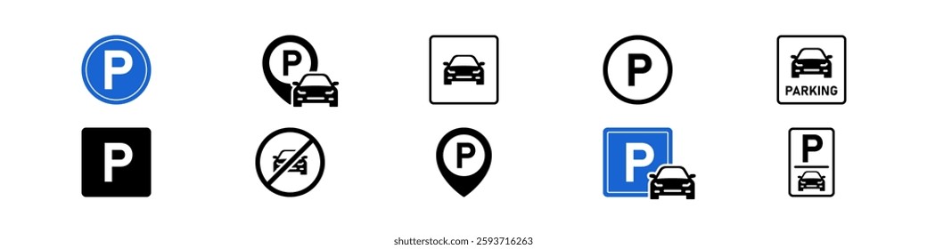 Car parking icon set. Parking place symbol. Parking and traffic sign. Vector illustration.