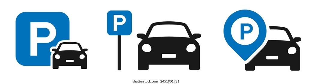 Car parking icon set. Public parking and parking location symbol. No car parking sign - stock vector.