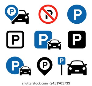 Car parking icon set. Public parking and parking location symbol. No car parking sign - stock vector.