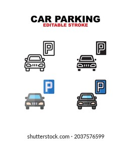 Car Parking icon symbol set of outline, solid, flat and filled outline style. Isolated on white background. Editable stroke vector icon.