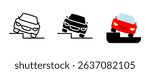 Car parking icon. Vehicle mounting a sidewalk curb in tilted position vector illustration. Indicates improper parking or traffic hazard symbol. Urban driving caution and road safety pictogram.