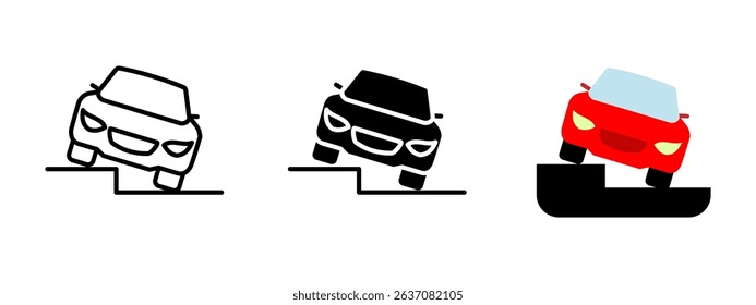Car parking icon. Vehicle mounting a sidewalk curb in tilted position vector illustration. Indicates improper parking or traffic hazard symbol. Urban driving caution and road safety pictogram.
