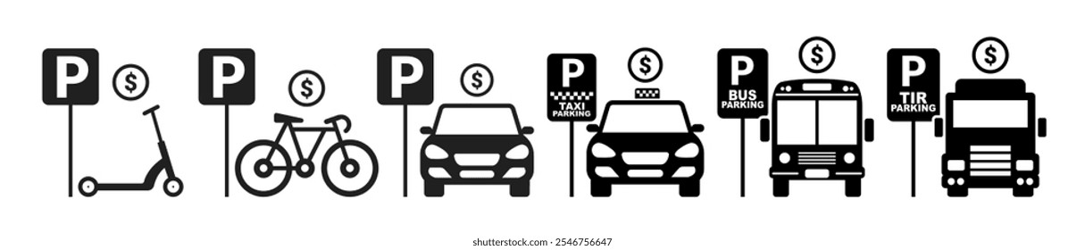 Car parking icons. Parking fee vector icons pin set. Public parking vector icon for car, taxi, bus, scooter, truck and bicycle