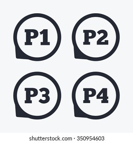 Car parking icons. First, second, third and four floor signs. P1, P2, P3 and P4 symbols. Flat icon pointers.