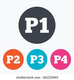 Car parking icons. First, second, third and four floor signs. P1, P2, P3 and P4 symbols. Circle flat buttons with icon.