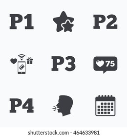 Car parking icons. First, second, third and four floor signs. P1, P2, P3 and P4 symbols. Flat talking head, calendar icons. Stars, like counter icons. Vector