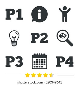 Car parking icons. First, second, third and four floor signs. P1, P2, P3 and P4 symbols. Information, light bulb and calendar icons. Investigate magnifier. Vector
