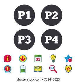 Car parking icons. First, second, third and four floor signs. P1, P2, P3 and P4 symbols. Calendar, Information and Download signs. Stars, Award and Book icons. Light bulb, Shield and Search. Vector
