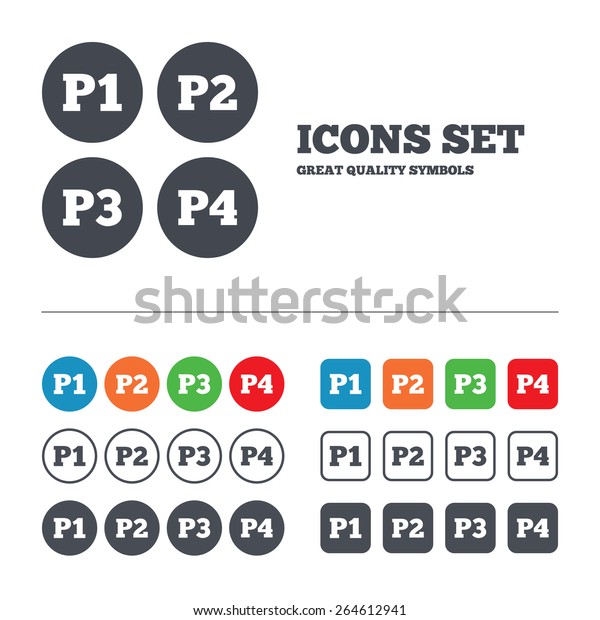 Car parking icons. First, second, third and four\
floor signs. P1, P2, P3 and P4 symbols. Web buttons set. Circles\
and squares templates.\
Vector