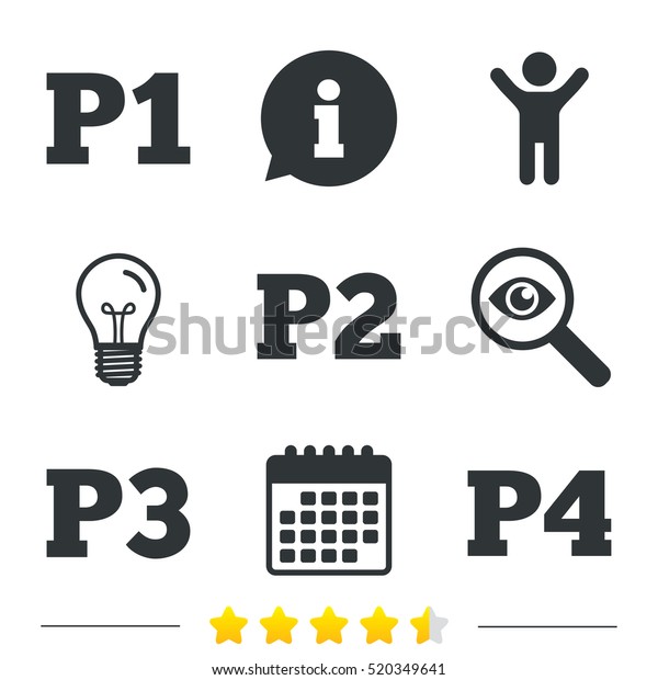 Car parking icons. First,\
second, third and four floor signs. P1, P2, P3 and P4 symbols.\
Information, light bulb and calendar icons. Investigate magnifier.\
Vector