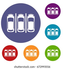 Car parking icons set in flat circle reb, blue and green color for web