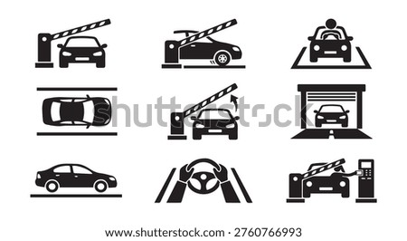 Car parking icons showing automatic gates and secure garage access systems