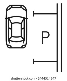 Icono de la línea de estacionamiento, servicio de garaje o señal de información de la zona de estacionamiento de vehículos, contorno del Vector. Normas y reglamentos de estacionamiento en la calle para el área pública de transporte, símbolo de marca de estacionamiento de garaje